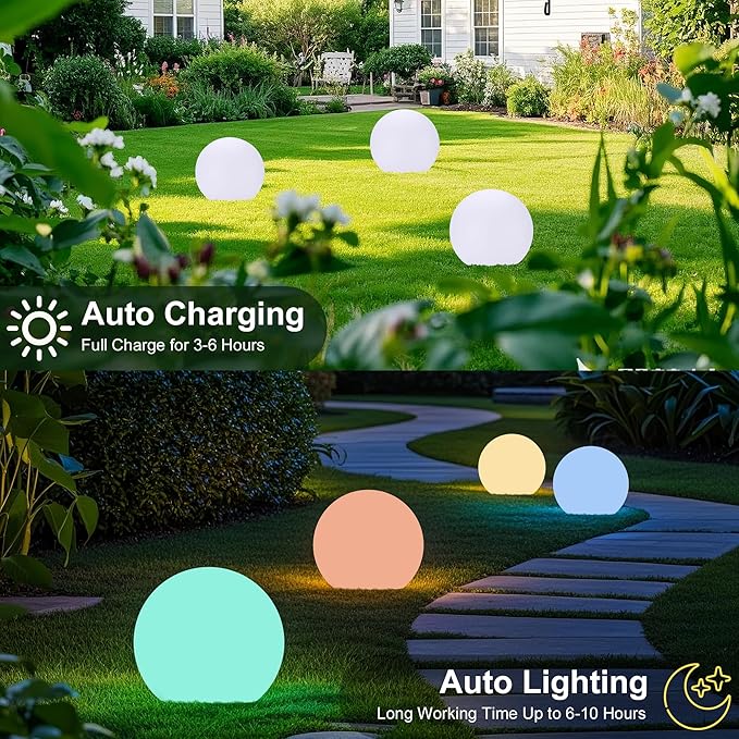 10 Inch Ball Light, Outdoor Glow Globe Light with Remote Control, LED Solar Gazing Ball Night Light 16 Modes RGB Color Changing, Waterproof Solar Globe for Garden Yard Pathway Decor