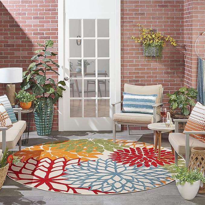 Nourison Home Aloha Green 7'10" x Round Area Rug - Easy Clean, Non Shedding, Bed Room, Living Room, Dining Room, Kitchen (8' x Round)