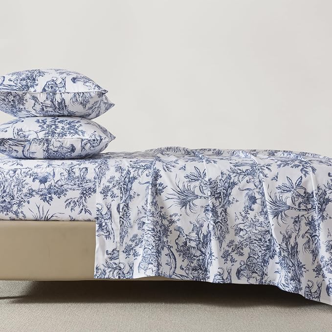 FADFAY Toile Sheet Set Full Classic Blue & White 100% Egyptian Cotton French Country Bedding Toile de Jouy Pastoral Scenic Farmhouse Bedding Deep Pocket Sheets Breathable Soft for All Seasons 4Pcs