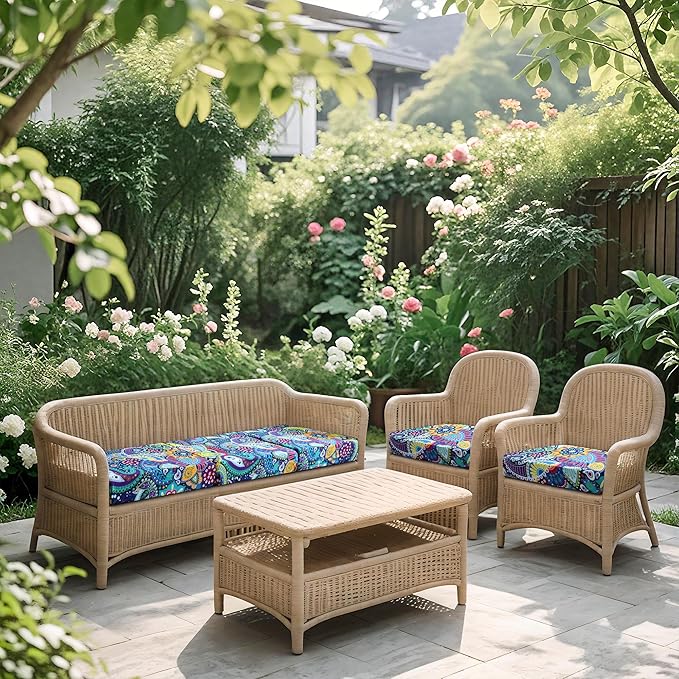 FORCHEER Waterproof Patio Cushion Covers, Boho Printed Stretch Outdoor Cushion Covers for Patio Furniture, Wicker Rattan Sofa Covers Set of 2