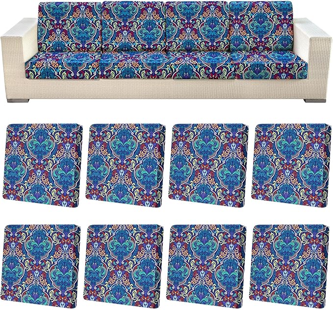 pickyNproud 8Pcs Patio Cushion Covers Stretch Outdoor Couch Cushions Slipcovers Replacement Washable Furniture Protector with Elastic Bottom Sofa Chair Seat Cover, Peacock Blue