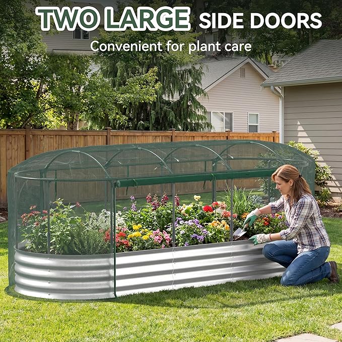 Lineware Raised Garden Bed with Sprinkler Timer and Self-Watering System, 8x3x1 ft Elevated Planter Boxes Outdoor with Mesh Cover, Oval Raised Beds for,Vegetables,Flowers, Backyard, Patio