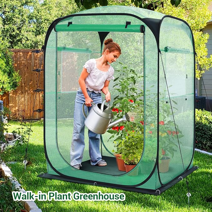 Ohuhu Pop Up Greenhouse for Outdoors, Portable Walk-in Mini Green House with Removable PE Mat & Mesh Window Fast Set-up GreenHouses for Indoor Outside Protecting Plant from Cold Frost & Birds