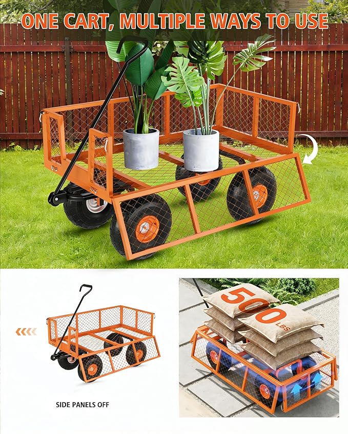 GarveeLife Heavy Duty Steel Garden Cart 500 LBS Capacity 3 in 1 Pullable Garden Wagon with 10 in Wheels for Gardening Soil, Tools, and Plant Transport