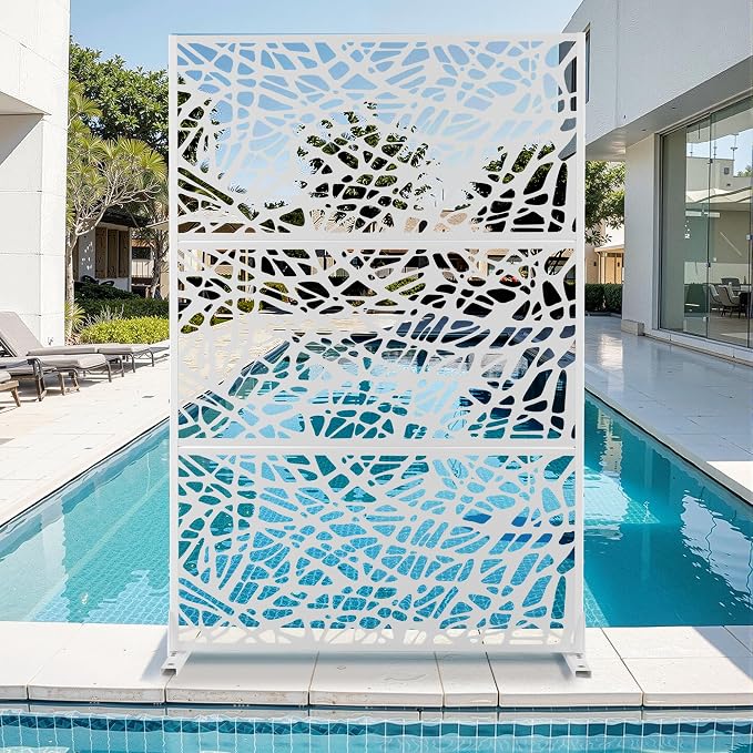 Metal Privacy Screen for Outdoor & Indoor Use, Free Standing Privacy Screen for Patio Garden Pool, 72" H x 47" W Decoative Privacy Panels, Weather Resistant, Easy Assembly (White Net)