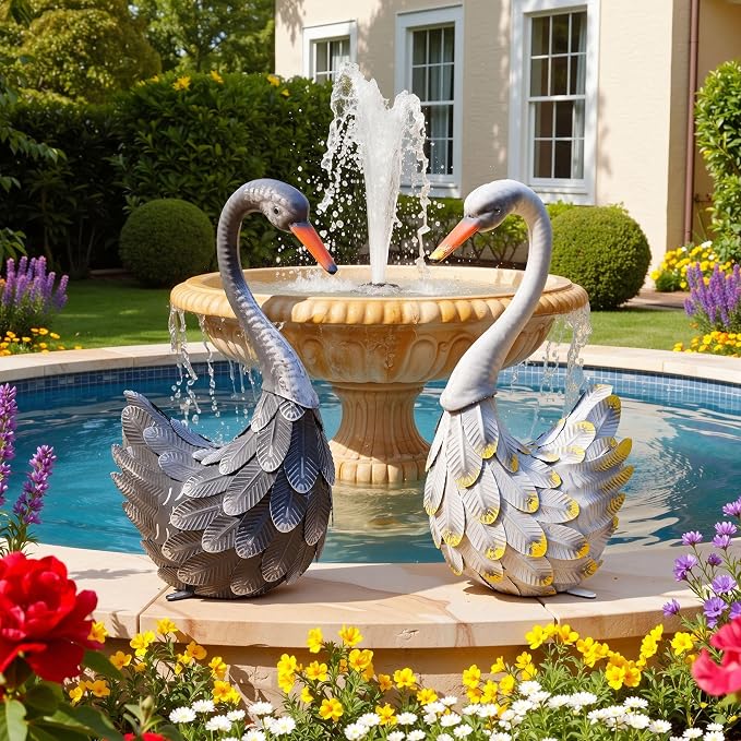 19" Swan Statue Set of 2, Handcrafted Lifelike Metal Swan Sculptures with Ground Stakes, Weatherproof Large Swan Figurines for Garden Patio Yard Decor, Gifts for Women Wedding Housewarming
