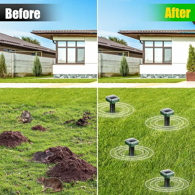 8 Pack Solar Mole Repellent Ultrasonic Gopher Repellent Outdoor Vole Chaser Sonic Mole Deterrent Stake Spikes Waterproof, Keep Moles, Gophers, Voles, Snakes, Groundhogs, Chipmunks Out of Yard Lawn
