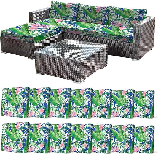 CALBODE 14 Pcs Outdoor Seat Cushion Covers, Stretch Chair Seat Cover for Patio Furniture Cushions Washable Reusable Indoor/Outdoor Couch Cover Replacement (Tropical Plant, Cover Only)