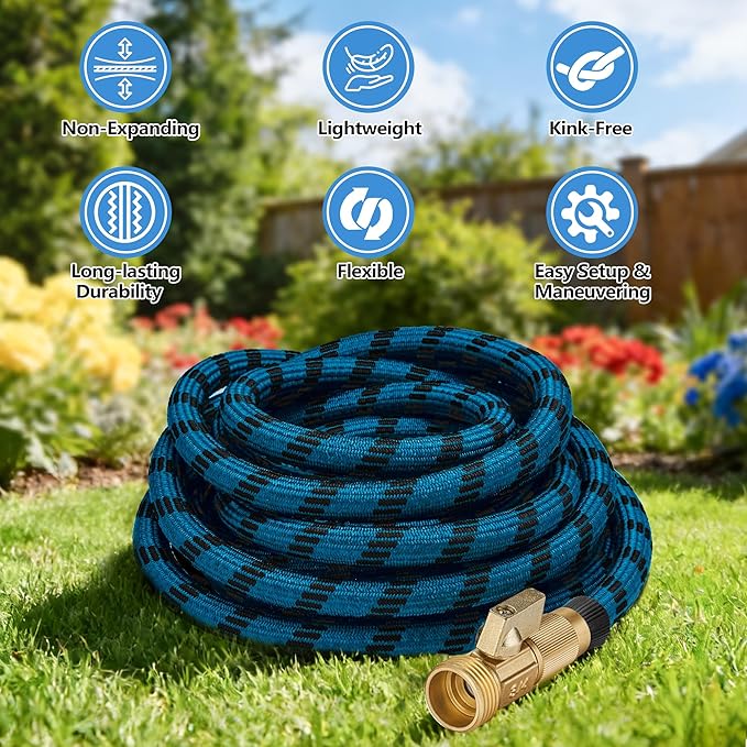 75FT Garden Hose, Lightweight Flexible Water Hose, 5/8" Kink Free Leak Proof Hose, Heavy Duty 96-Layer Woven with 3/4" Brass Fittings, 10 Function Nozzle for Yard Lawn Outdoor Car Wash(BlueBlack)