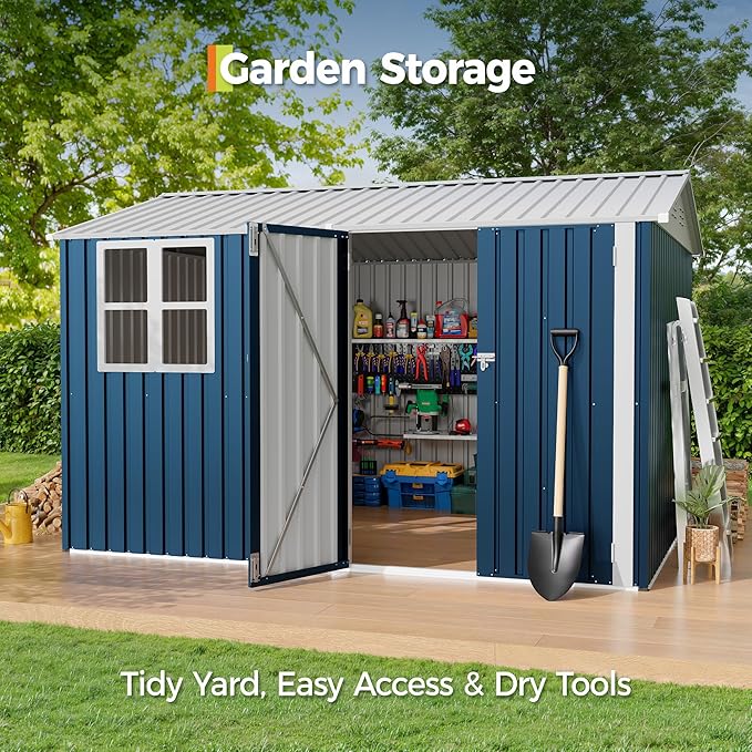 Garvee 10X8 FT Storage Shed with Cross Windows & Double Doors, 450 Cu Ft Large Outdoor Tool Shed, Garden Shed for Riding Mower, Bike, Lawn Equipment - All Weather Meta
