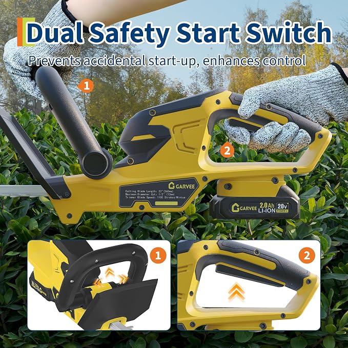 Hedge Trimmer Cordless, 22 Inch Electric Hedge Trimmer, 20V Bush Trimmers with 2 2.0Ah Batteries and Charger, Handheld Electric Trimmers, Lightweight and Easy to Use, for Garden, Horticulture, Lawns