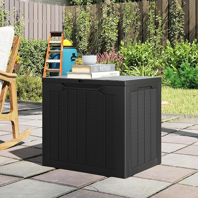 Tangkula 30 Gallon Outdoor Storage Box, Resin Outdoor Storage Bench with Lockable Lid, Waterproof Deck Box for Garden Tools, Pool Accessories, Cushions