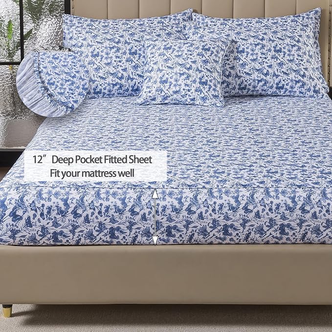 FADFAY Twin XL Blue Toile Sheets Set Dorm Room Essential Bedding 100% Egyptian Cotton Soft Breathable Sheets Blue Butterfly French Country Vintage Farmhouse Sheet, Extra Long for College Bedding 4Pcs