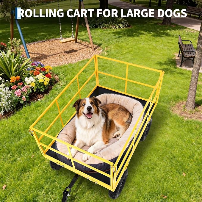 Heavy Duty 1500 Lbs Steel Garden Cart – 3-in-1 Utility Wagon & Trailer with Removable Mesh Sides, 13" All-Terrain Tires, 180° Rotating Handle for Lawn, Yard, Gardening Tasks, Outdoor Hauling