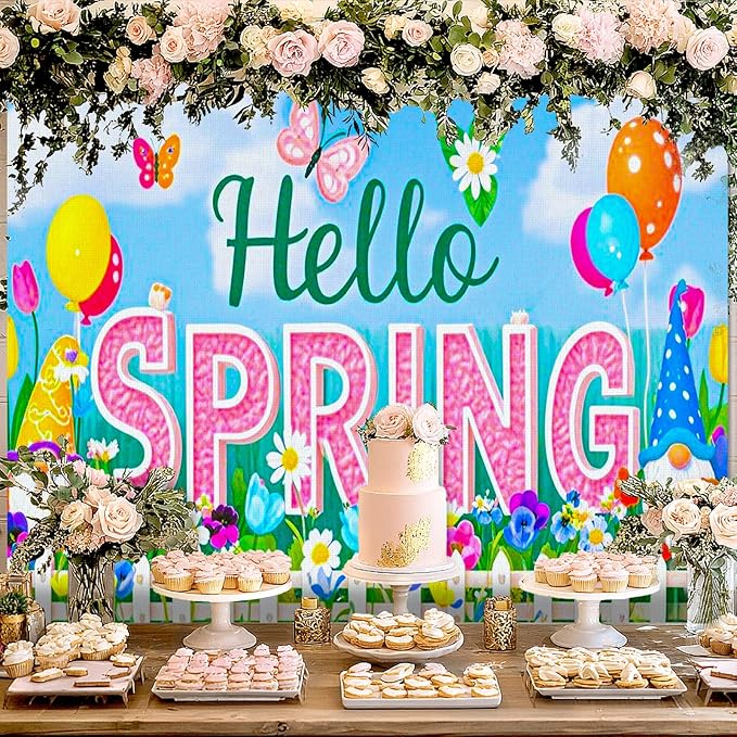 BlissYard Spring Gnome Backdrop 8x6ft Hello Spring Garden Party Background Cute Cartoon Gnome Photography Backdrop for Spring Festival Easter Celebration Birthday Classroom Photo Booth Decor