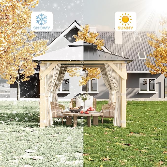 10x10 ft Wood Gazebo, Upgrade Spruce Frame and Double Galvanized Steel Roof, Hardtop Gazebo