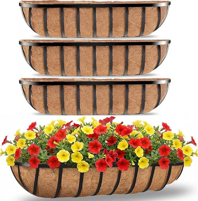 30 Inch 4 PCS Window Box Deck Railing Planter with Coco Liners, Hanging Flower Planters Black Metal Baskets for Indoor Outdoor, Balcony, Porch, Fence, Lawn and Patio