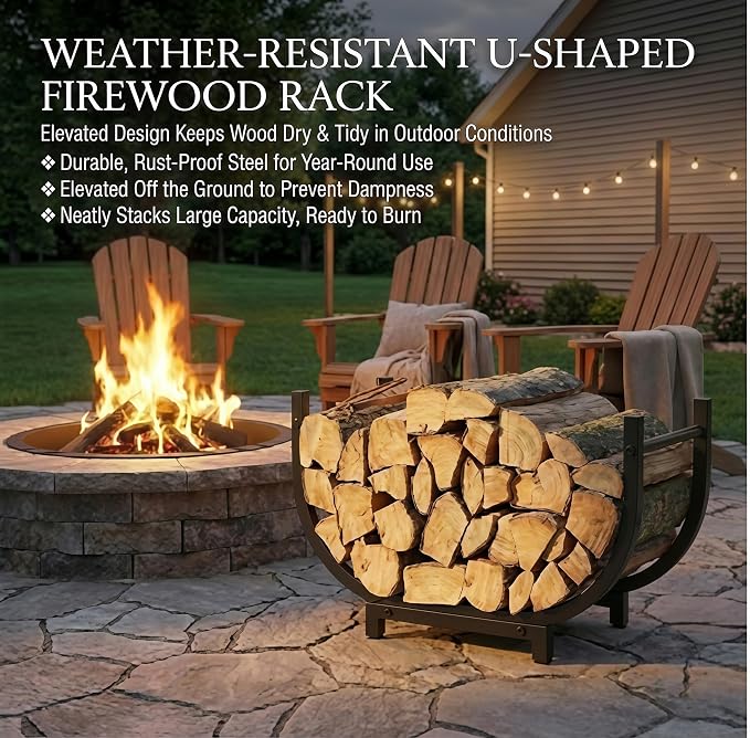 30 Inch Firewood Rack Outdoor Indoor, Heavy Duty U-Shape Alloy Steel Log Holder for Fireplace Decor, Rustproof Wood Storage with 300 LBS Capacity, Black