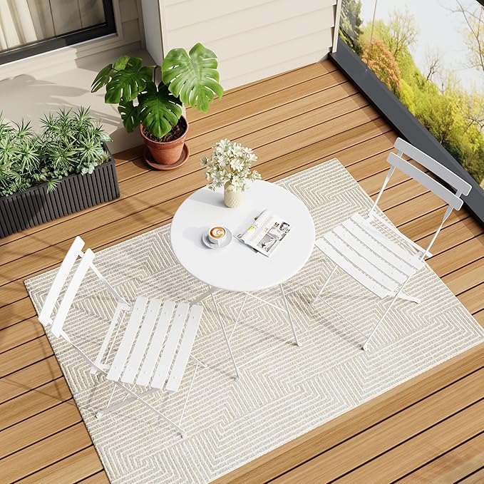 Bistro Table and Chairs Set of 2, 3 Piece Outdoor/Indoor Folding Patio Bistro Sets, 2 Chair Patio Furniture Set with Table, Premium Frame Foldable Coffee Tables for Balcony, Yard, Garden, White