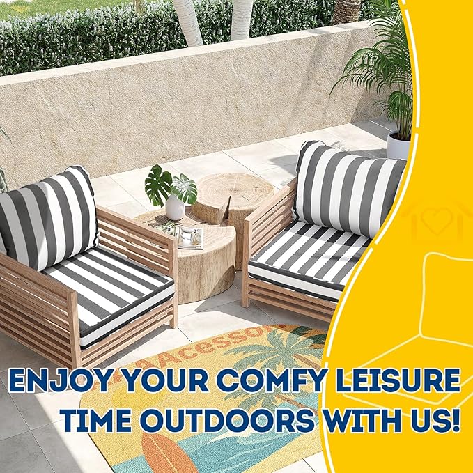 AAAAAcessories Outdoor Seat Cushions for Chairs, Fade-Resistant, Waterproof Patio Furniture Replacement Cushions, 23.5" x 25.5" x 5" + 23.5" x 19", Gray Cabana Stripe