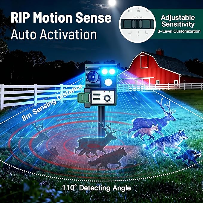 2-Pack Solar Animal Repeller Outdoor, Motion Activated Yard Guard Ultrasonic Deer Repellent Device for Rabbits, Raccoons & Squirrels, Flashing Light & IP44 Waterproof Garden Animal Control
