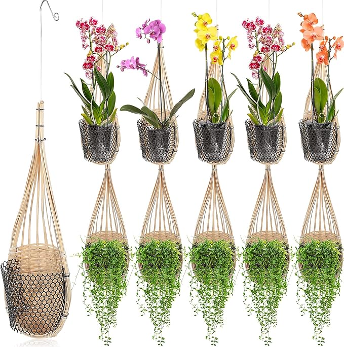 Weysat 10 Pack Hanging Orchid Planter Thai Bamboo Woven 4 Inch Bird Nest Style Orchid Hanging Basket Bamboo Flower Basket with Metal Hook for Trellis Gazebo Indoor Outdoor Wall Small Flower Planter