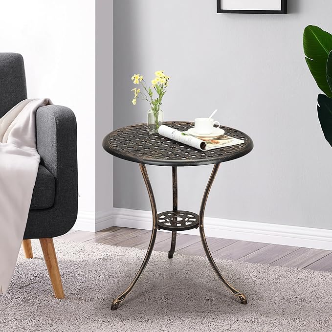 GarveeHome Patio Bistro Table, 24" Round Outdoor Coffee Table with 2" Umbrella Hole, Outdoor Cast Aluminum Bistro Table Side Table with Iron Frame for Balcony Backyard Lawn and Garden, Rustic Brown