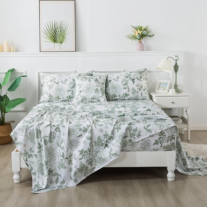FADFAY Sheets Set Queen Vintage White and Green Floral Bedding Elegant Peony Sheets Set Shabby Rose Farmhouse Bedding 100% Egyptian Cotton 800 Thread Count Deep Pocket Fitted Sheet 4Pcs, Queen Size