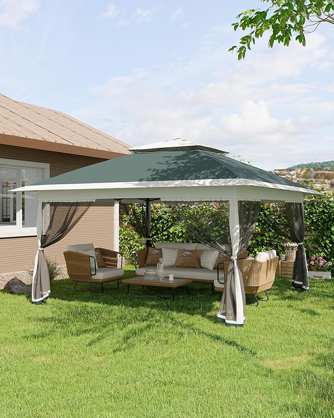 GarveeLife Canopy Tent 12x12 ft, Pop Up Gazebo One-Push Setup with 4 SandBags for Backyard Parties and BBQs, Mosquito Netting & Height Adjustable - Green