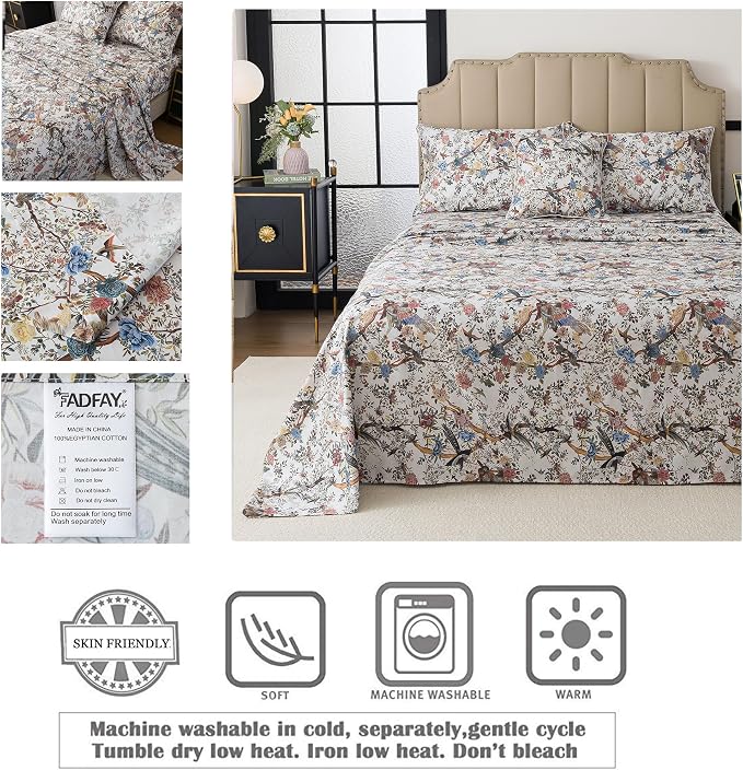 FADFAY Sheets Set Queen Botanical Bird Floral Bed Sheets Set Vintage Mocha Mousse Farmhouse Bedding Shabby Branches Bedding 100% Egyptian Cotton Breathable Soft 17.7" Deep Pocket 4Pcs, Queen Size