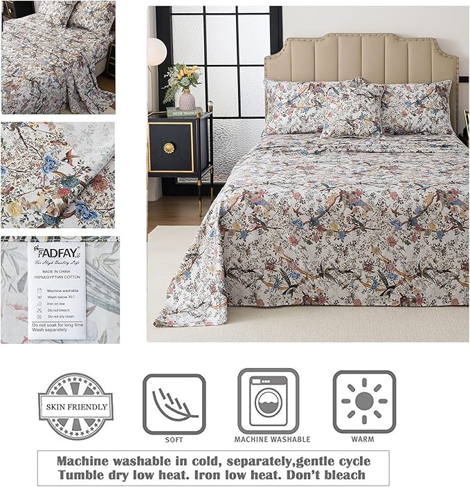 FADFAY Sheets Set Full Botanical Bird Floral Bed Sheets Set Vintage Mocha Mousse Farmhouse Bedding Shabby Branches Bedding 100% Egyptian Cotton Breathable Soft 17.7" Deep Pocket 4Pcs, Full Size
