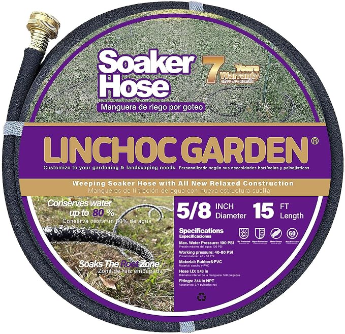 5/8 Inch 15FT Soaker Hose - Flexible High Flow Design for Small Raised Beds, Patio Containers | Eco-Friendly Water-Saving & Root-Targeted