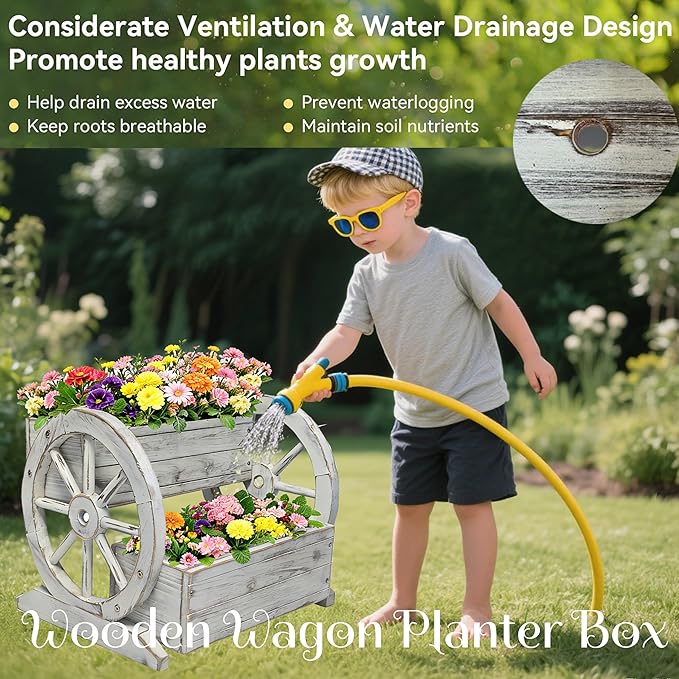 2 Tier Classic Wooden Wagon Planter Box|Outdoor Planter/Flower Pot for Indoor&Outdoor Plants-Rustic Garden Planter for Patio,Porch&Garden Decor- Raised Garden Bed for Succulents,Herbs,Vegetables