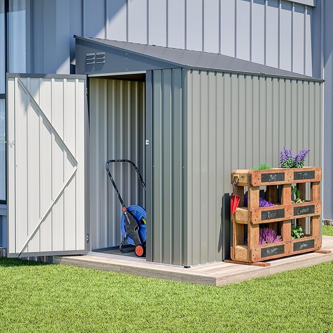 KEIKI Storage Shed 4x7 FT, Small Metal Tool Shed for Outdoor Storage, Galvanized Steel Garden Shed with Lockable Doors for Patio, Backyard, Lawn, Grey