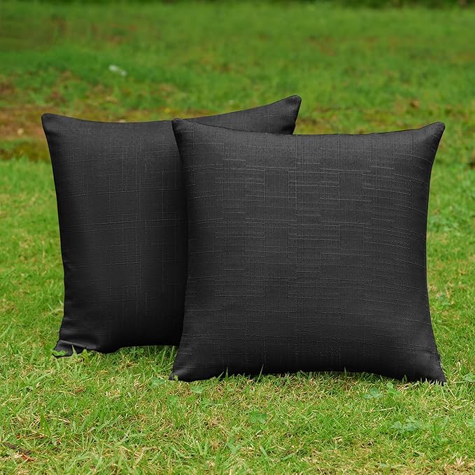 NiNi ALL Pack of 2 Decorative Outdoor Waterproof Pillow Covers Square Garden Linen Textured Cushion Sham Throw Pillowcase Set of 2 for Patio Farmhouse Garden Tent Couch 22x22 Inch Black