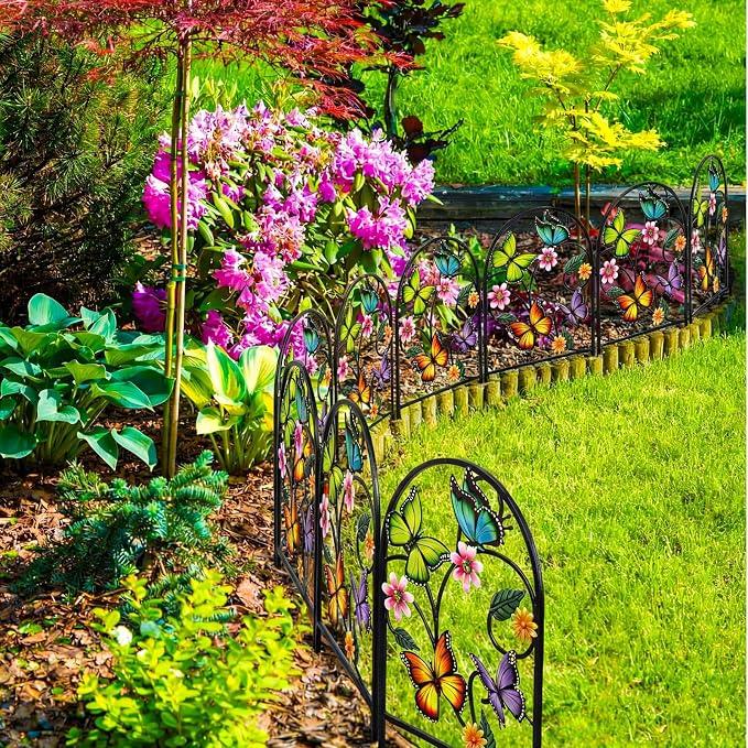 Yaocom 12 Pack Bright Butterfly Decorative Garden Fence 23.5''H x 13'W Animal Barrier Border Butterfly Flower Design Metal Arch Garden Fence Border for Spring Outdoor Patio Yard Landscape Decor