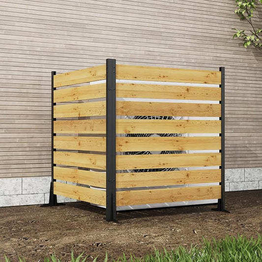 Wood Privacy Screen – 43”H x 38.5”W (2 Panels), Above Ground: 43”H, Overall: 55”H, Pool Equipment, Trash Can, Air Conditioner Fence, Aluminum Alloy Outdoor Walls