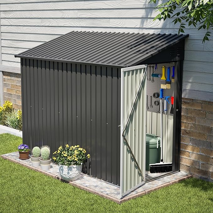 YOPTO 4x8 FT Lean to Outdoor Storage Shed,Metal Shed W/Floor Frame & Reversible Installation,All Weather Waterproof Garden Tool House W/Lockable Door & 2 Air Vents,for Backyard,Patio,Lawn,Black