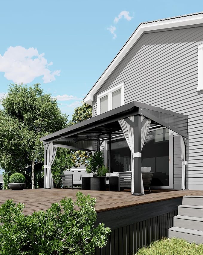 10'x14' Wall-Mounted Lean-to Gazebo with Galvanized Steel Roof, Gutters & Sliding Netting/Curtains – Hardtop Metal Pergola Canopy for Patio, Backyard, Garden, or Carport – Weather-Resistant & Durable