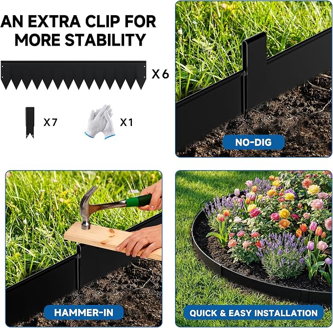 20Ft.Galvanized Steel Landscape Edging(6-Pack)-8"x40" Metal Garden Edging,7 Clips&Gloves,Hammer-in,No Dig,Rustproof,for Landscaping,Tree Rings,Garden,Yard&Pathway–Black