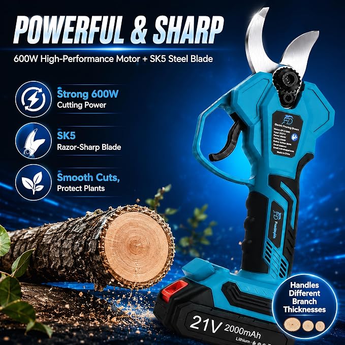 600W Electric Pruning Shears Cordless, 1.2In Brushless Battery Powered Pruner with 2 Rechargeable 2000mAh Batteries, SK5 Steel Blade Tree Branch Cutter for Garden, Orchard & Vineyard