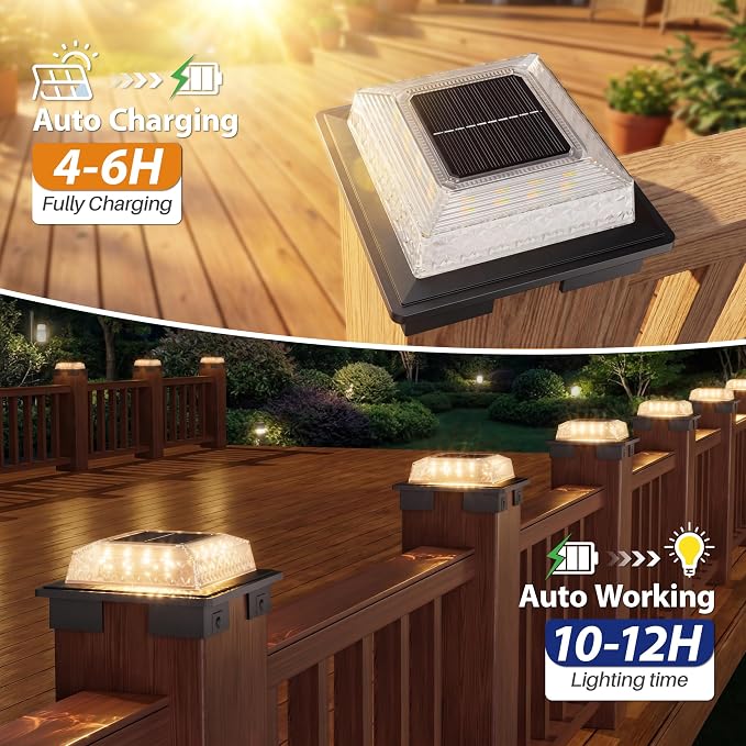 APONUO Solar Post Cap Lights, 3 Color Modes & 2 Brightness, Adjustable Base Fits 4x4 5x5 6x6 Posts (3.5-5.5 Inch), IP65 Waterproof, Deck & Fence Post Lights Solar Powered with Screws, Black, 2 Pack