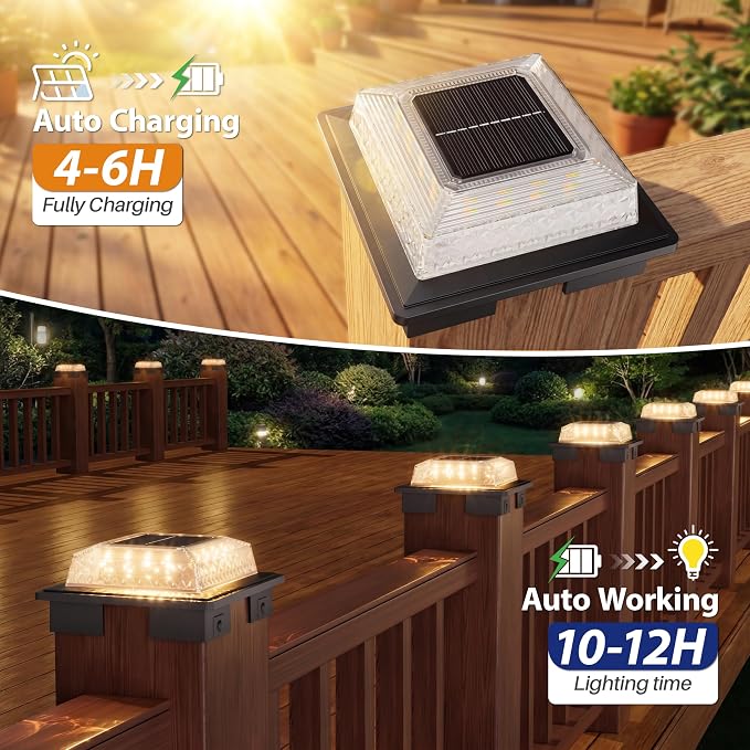 APONUO Solar Post Cap Lights, 3 Color Modes & 2 Brightness, Adjustable Base Fits 4x4 5x5 6x6 Posts (3.5-5.5 Inch), IP65 Waterproof, Deck & Fence Post Lights Solar Powered with Screws, Black, 8 Pack