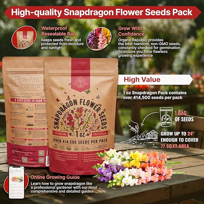 Snapdragon Flower Seeds Pack 1 oz - Over 414,500 Non-GMO Heirloom Snapdragon Seeds for Planting Indoor & Outdoor Gardening, Flower Seed for Home and Garden in Individual Packet, Floral Perennial Mix