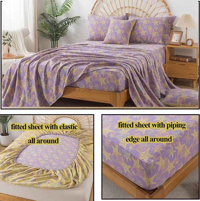 FADFAY Beach Theme Sheets Set Queen Purple Yellow Starfish Ocean Bedding Coastal Nautical Bedding Super Soft Washed Double -Layer Muslin Sheets 100% Cotton Deep Pocket Fitted Sheet 4Pcs, Queen Size