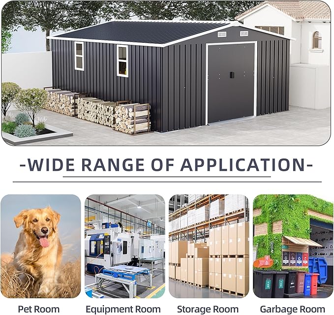 KEIKI 10' x 12' Metal Garden Storage Shed with Foundation Kit, Double Door Outdoor Tool Shed with 2 Windows, Color Steel Construction, Dark Gray