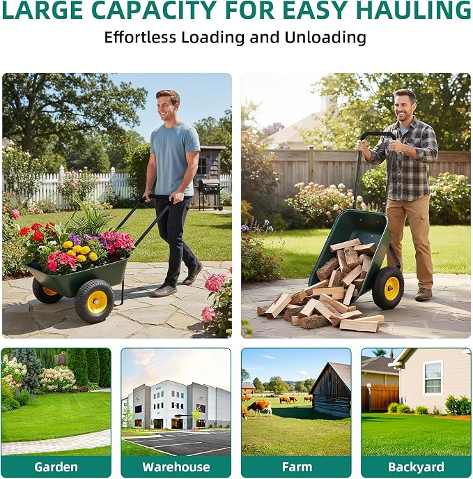 2 Wheel Wheelbarrow, Dual-Wheel Garden Dump Cart with 10" Non-Slip Pneumatic Tires & Ergonomic Padded Handle, Heavy-Duty Home Utility Yard Cart Wagon with 3 Cu Ft Capacity for Lawn, Gardening