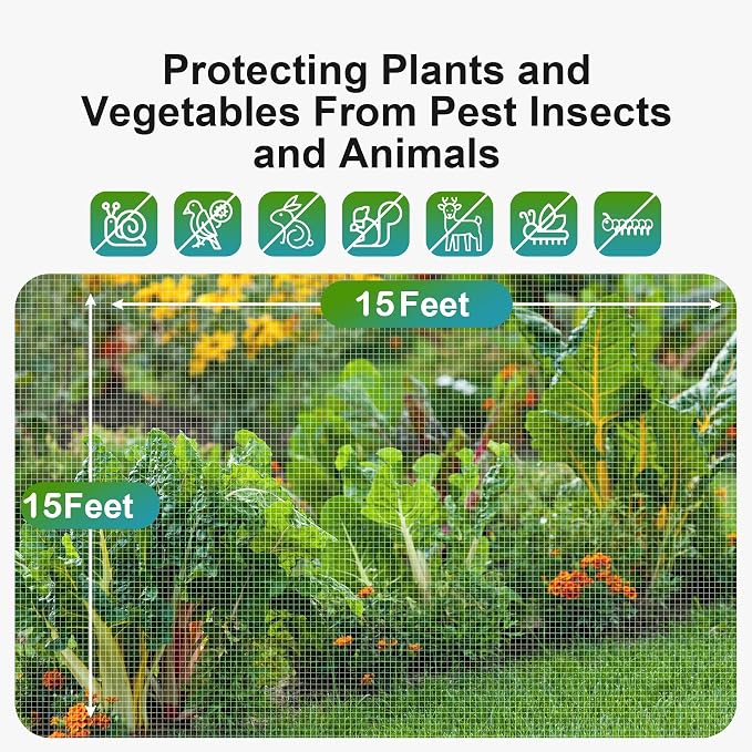 Garden Netting Pest Barrier: Ultra Fine 15'x15' Bug Netting for Garden Protection Row Cover Raised Bed Screen Mesh Greenhouse Mosquito Net, Protecting Tree Plants Vegetable Flowers Fruits