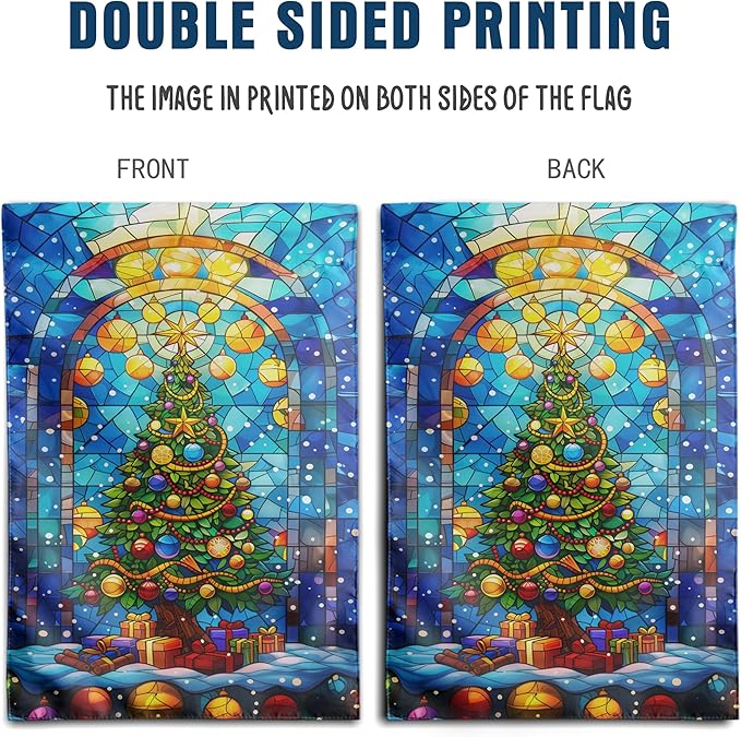 Stained Glass Christmas Tree Garden Flag Merry Xmas House Flags 28x40 Double Sided Welcome New Year Outdoor Flag Happy Holidays Flag Large Winter Yard Flag for Outside Lawn Decor