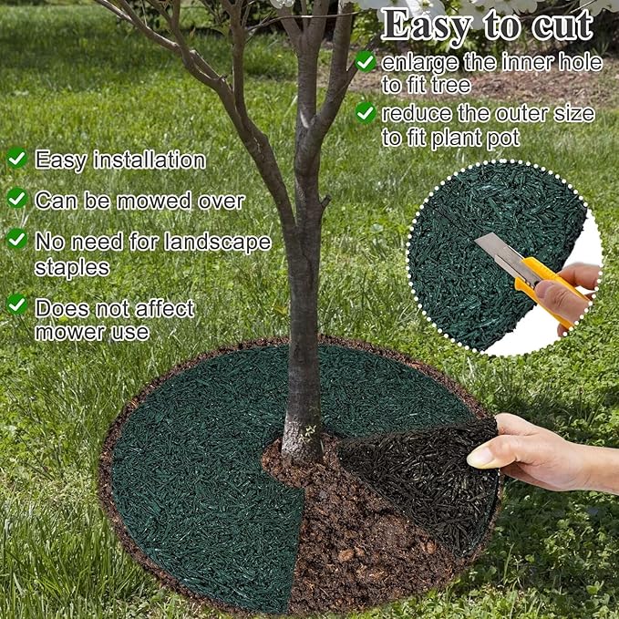 2pcs Double Side Rubber Tree Mulch Ring, 12In Heavy Duty Recycled Rubber Mulch Mat Natural Look Tree Root Protector Mat Reversible Round Tree Ring for Prevent Animal Dig, (Green Brown)
